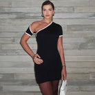 Asymmetrical black mini dress with white trim in fashion for stunning and stylish looks