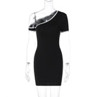 Black one-shoulder bodycon dress with white trim detailing for modern fashion ملابس