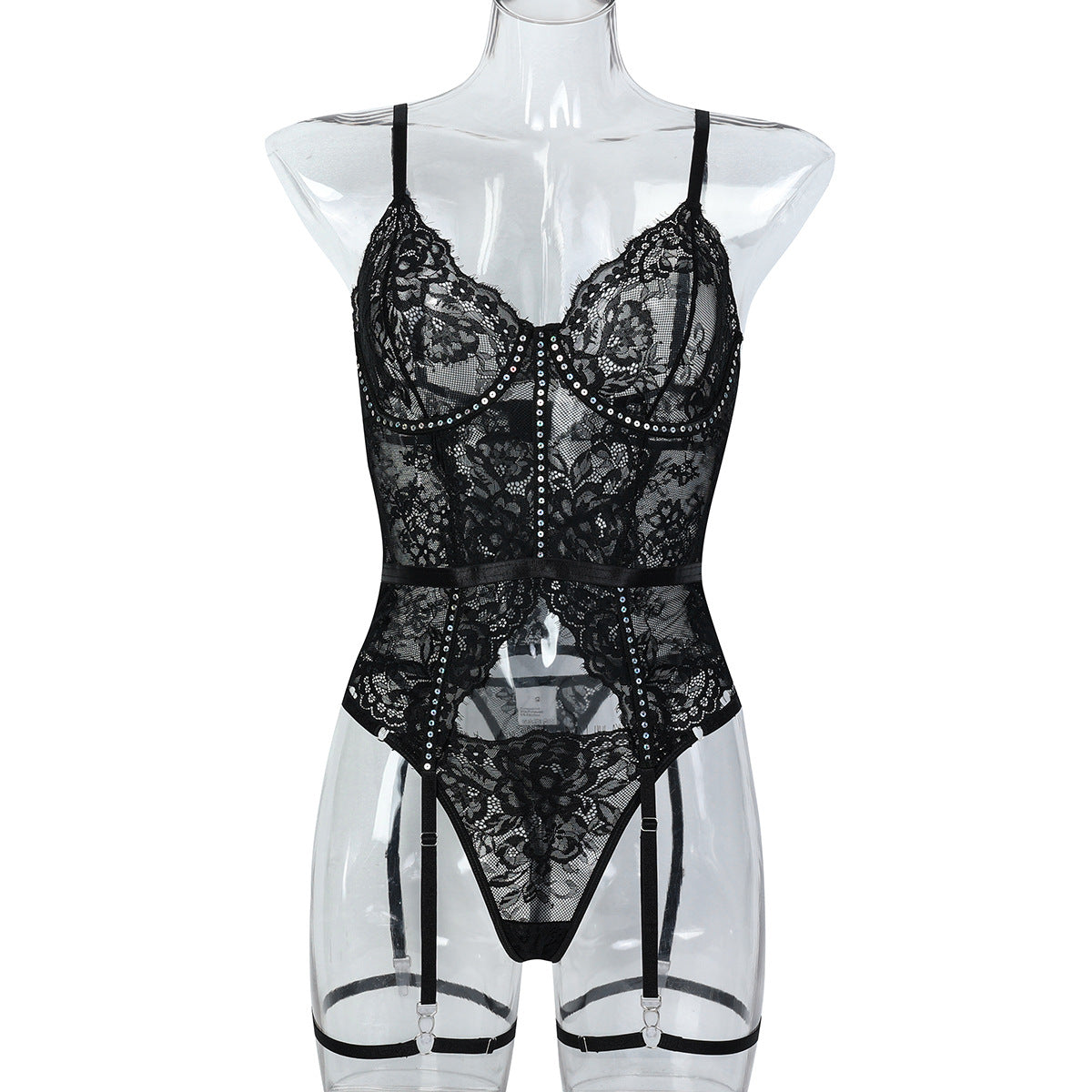 Black lace bodysuit with garter straps and rhinestones in Lace Eyelash Hot Underwear Suit