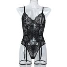 Black lace bodysuit with garter straps and rhinestones in Lace Eyelash Hot Underwear Suit