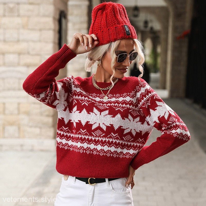 TRENDY ROUND NECK RED KNITTED CHRISTMAS SNOWFLAKE SWEATER-VETEMENTS 