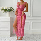 Pink floral maxi dress with high slits and bustier bodice for trendy fashion ملابس