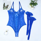 Royal blue lace bodysuit with floral patterns from Enchantress Midnight Temptation fashion