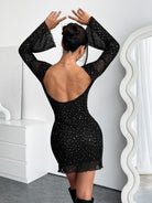 Sparkly black backless mini dress with long sleeves for elegant fashion occasions