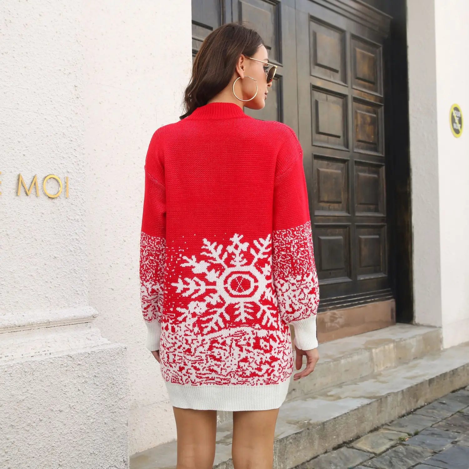 Elegant Woolen Snowflake Jacquard Lantern Sleeve Sweater Dress