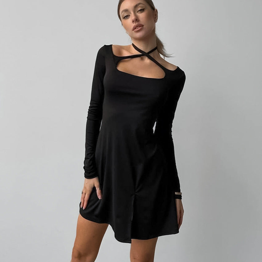 Black Elegant Knitted Dress featuring a cutout neckline detail for stylish fashion ملابس