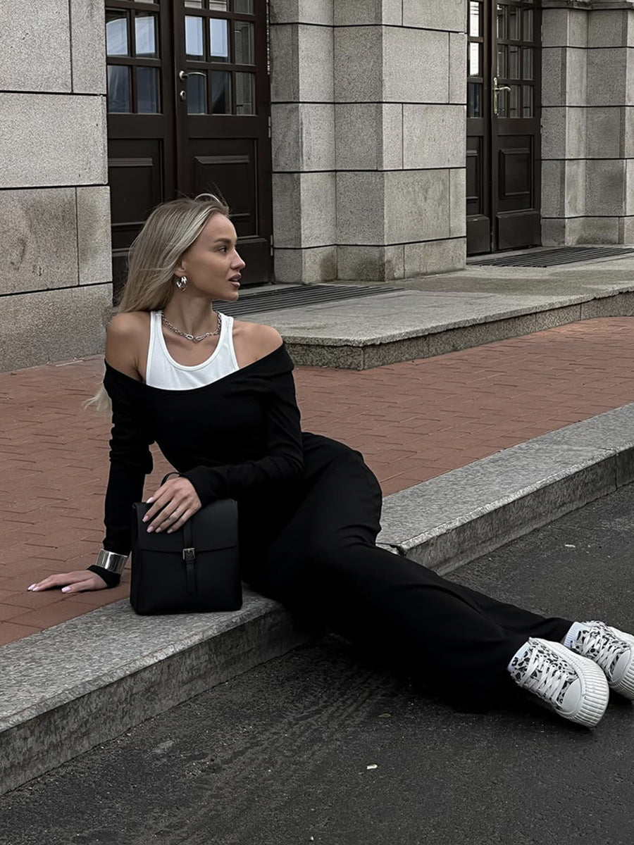 Person in black off-shoulder outfit and white sneakers showcasing Attractive Two Piece Vest Dress