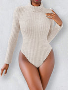 Cream-colored ribbed turtleneck bodysuit long sleeves for Enchanting Slim Fit Jumpsuit fashionable ملابس