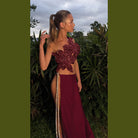 Burgundy floral one-shoulder dress from Elegant Lace up Top Split Skirt Two Piece Sets fashion