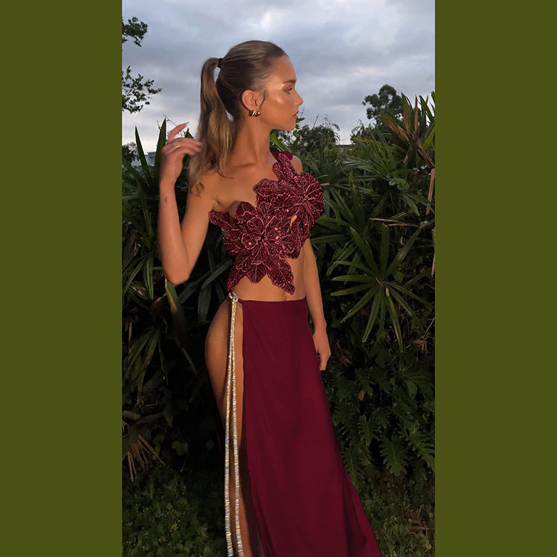 Burgundy floral one-shoulder dress from Elegant Lace up Top Split Skirt Two Piece Sets fashion