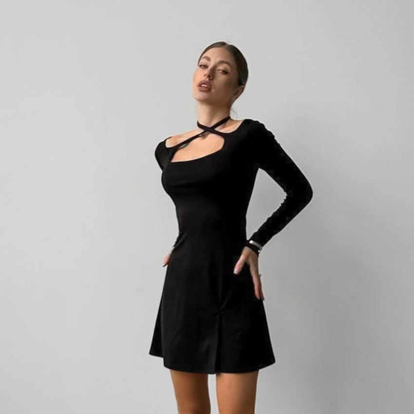 Black Elegant Knitted Dress featuring a cutout neckline and choker detail for stylish fashion