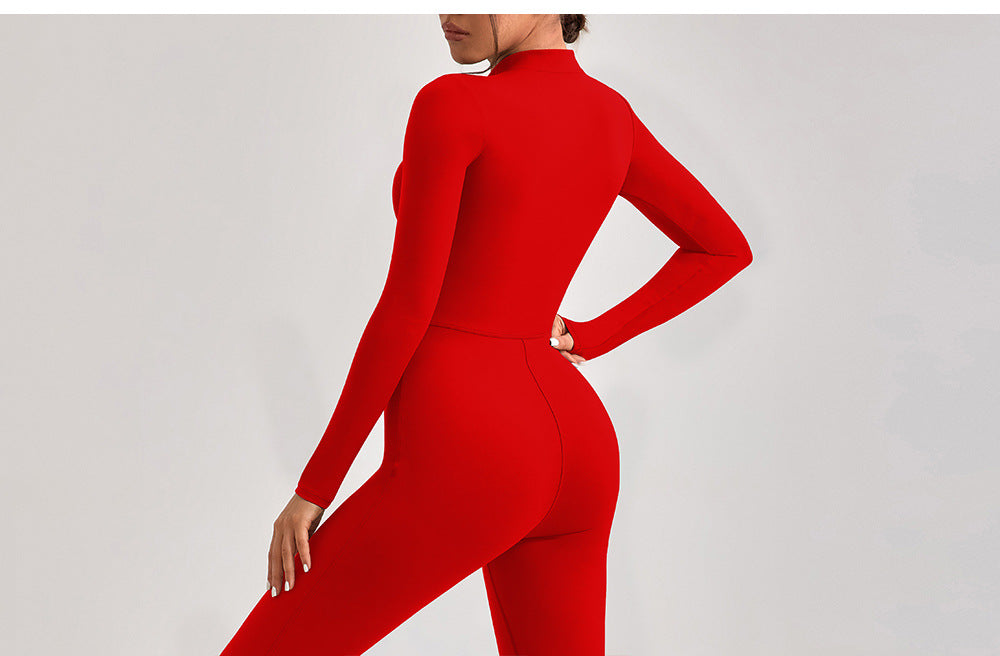 Red long-sleeved bodycon jumpsuit with mock turtleneck for fashionable ملابس langry style