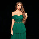 Emerald green off-the-shoulder gown from Gorgeous Design Beautiful Mesh Dress fashion collection