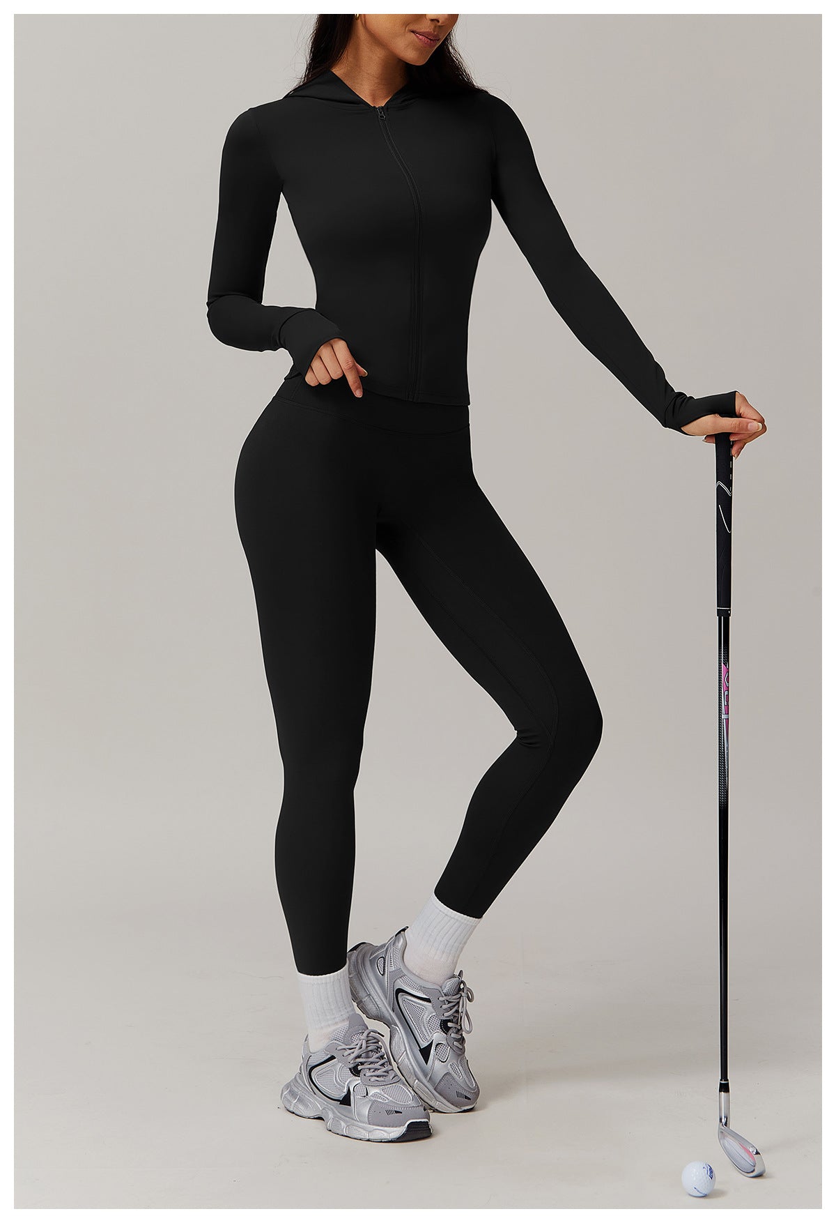 Black long-sleeved athletic jumpsuit and leggings for stylish langry fashion ملابس