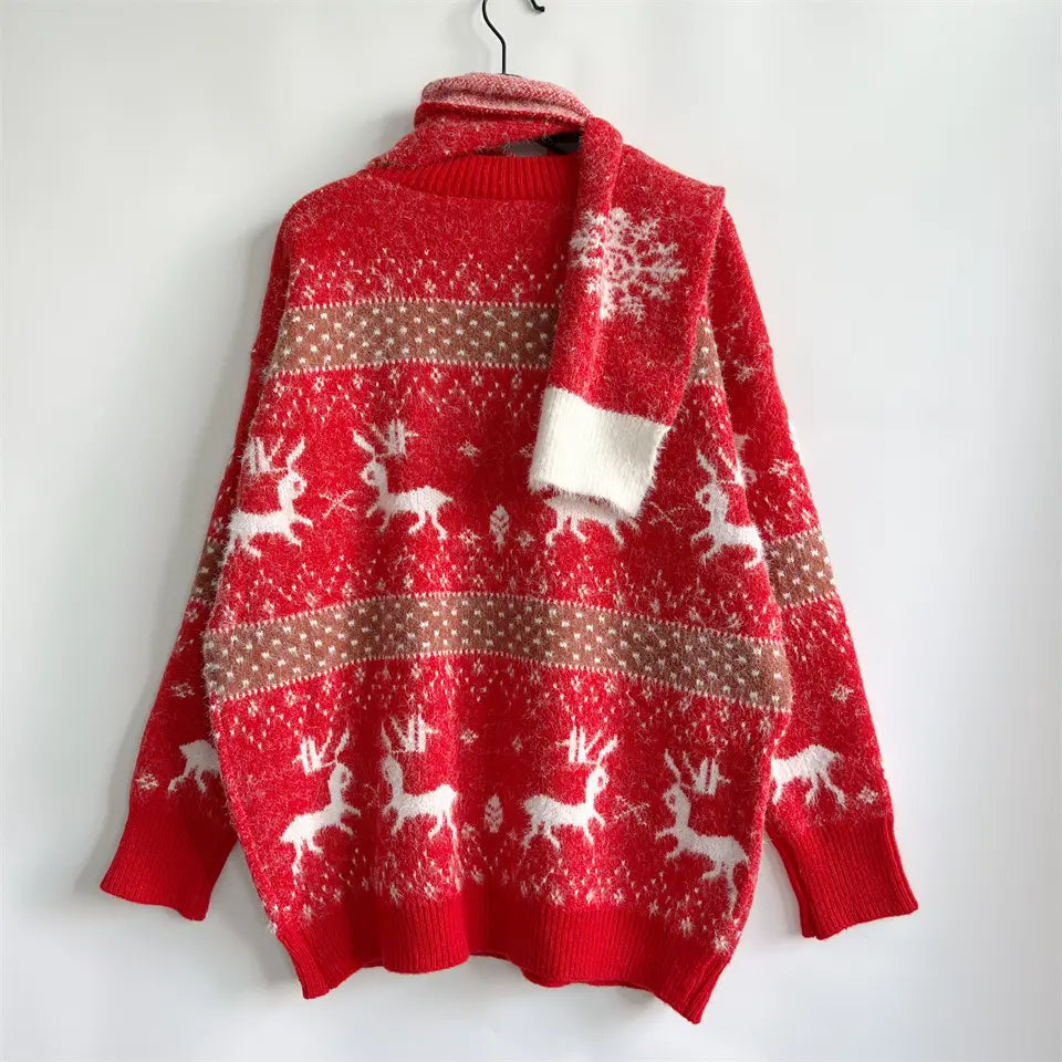 Deer Snowflake Jacquard Christmas Sweater with Red Ribbon Scarf Detail