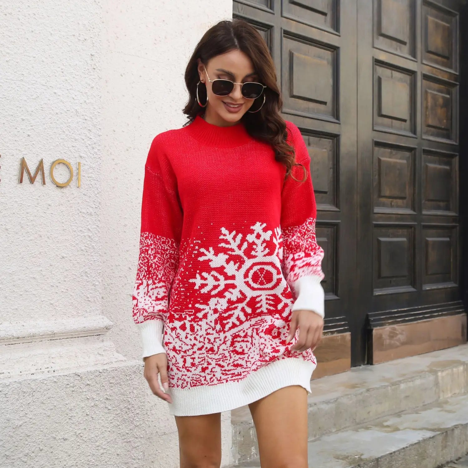 Elegant Woolen Snowflake Jacquard Lantern Sleeve Sweater Dress