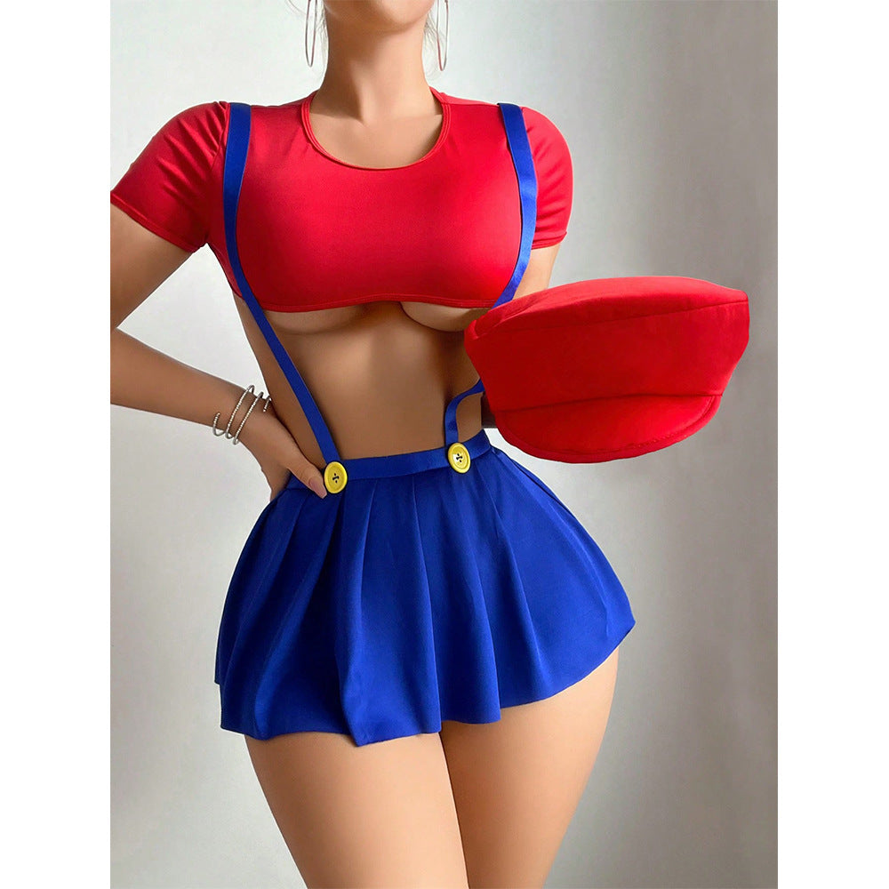 Mario-inspired Hot Temptation Uniform features red crop top and blue skirt, perfect for langry fashion