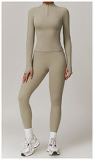 Beige athletic two-piece langry set for outdoor running with sneakers and white socks