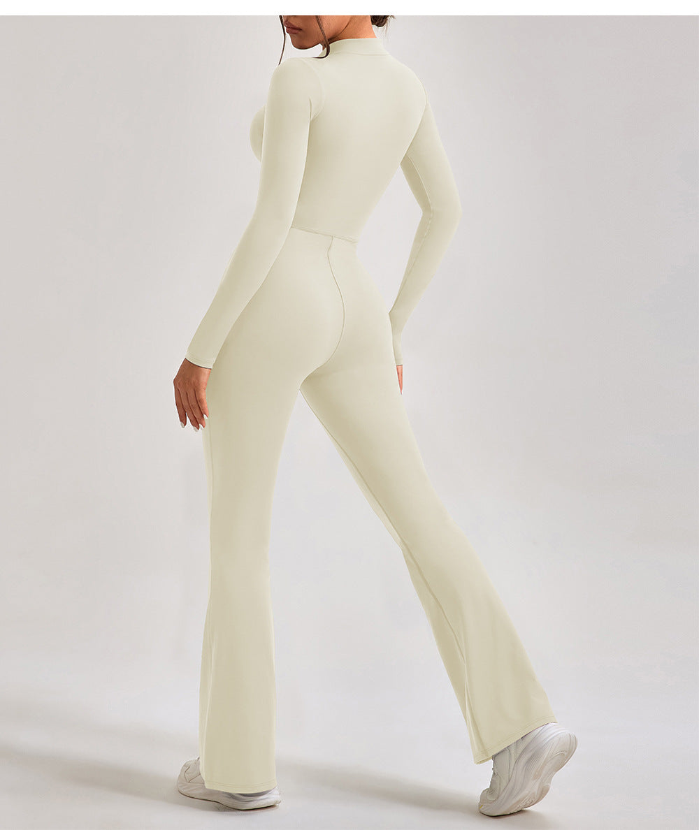 Cream-colored long-sleeve jumpsuit with flared legs, perfect for casual fashion ملابس