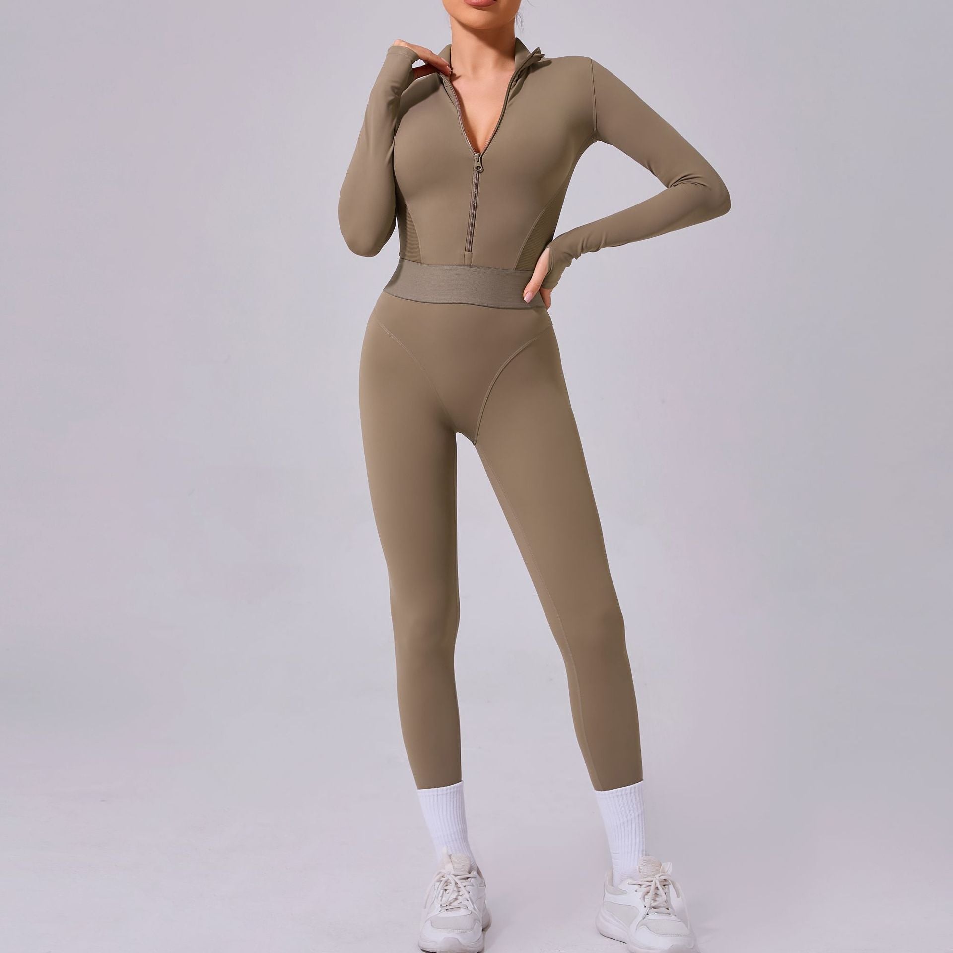 Olive-green athletic jumpsuit from Comfy Mesh Stitching Fitness One Piece, ideal for langry fashion