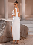 White one-shoulder elegant sleeveless evening dress showcasing modern sophistication