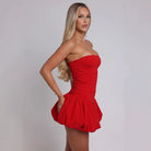 Elegant off Shoulder Short Dress in red, a stylish choice for modern fashion ملابس