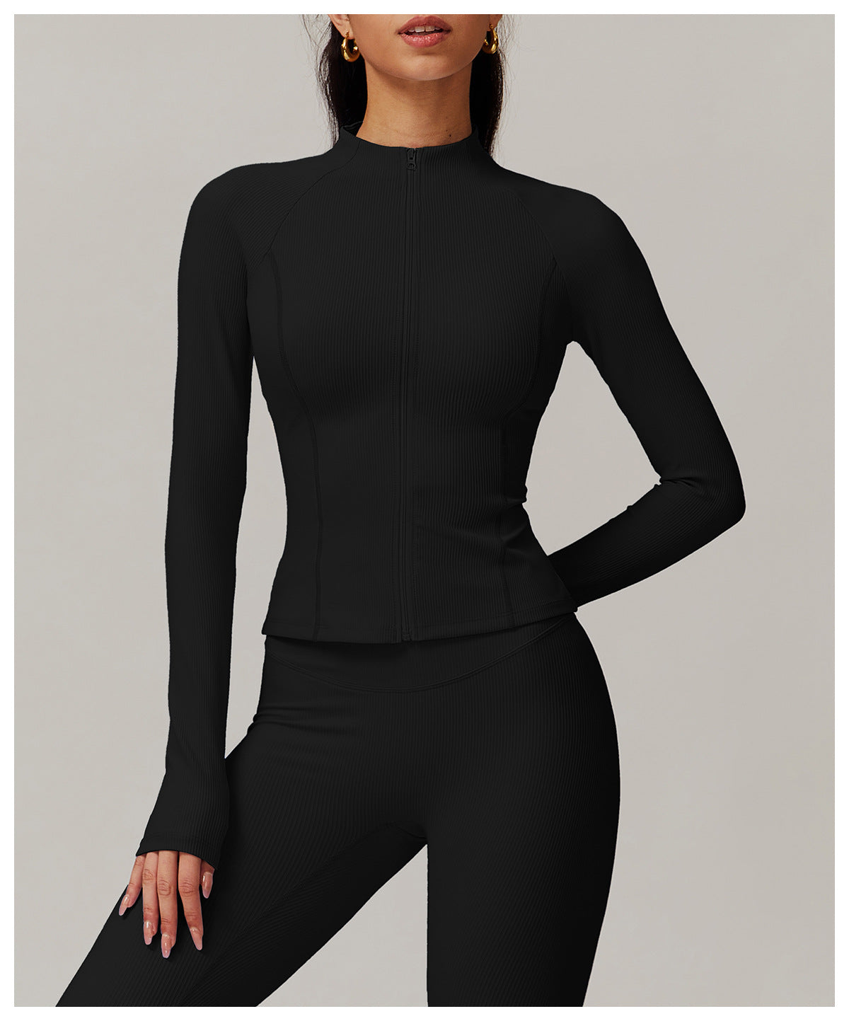 Black fitted turtleneck and leggings workout set, ideal for langry fashion in ملابس