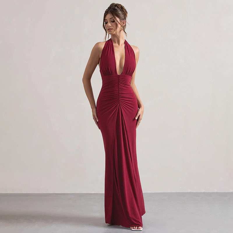 Elegant burgundy halter evening gown with ruched detailing for fashionable langry ملابس