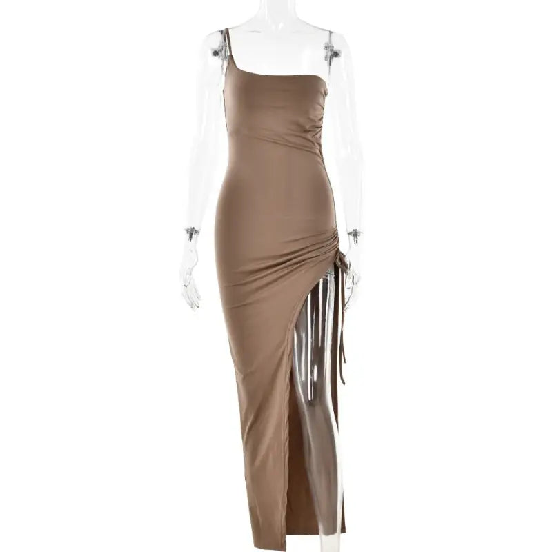 Taupe single shoulder cami dress with high slit, perfect for summer parties