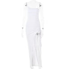 White single shoulder cami dress featuring ruched design, ideal for summer parties