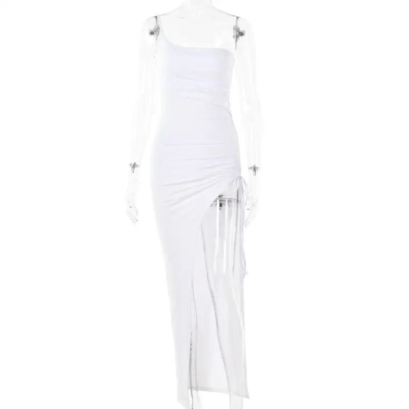 White single shoulder cami dress featuring ruched design, ideal for summer parties