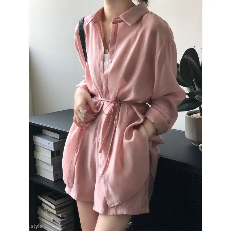 Pink oversized button-down waist-tie dress, stylish breathable sun protection shirt