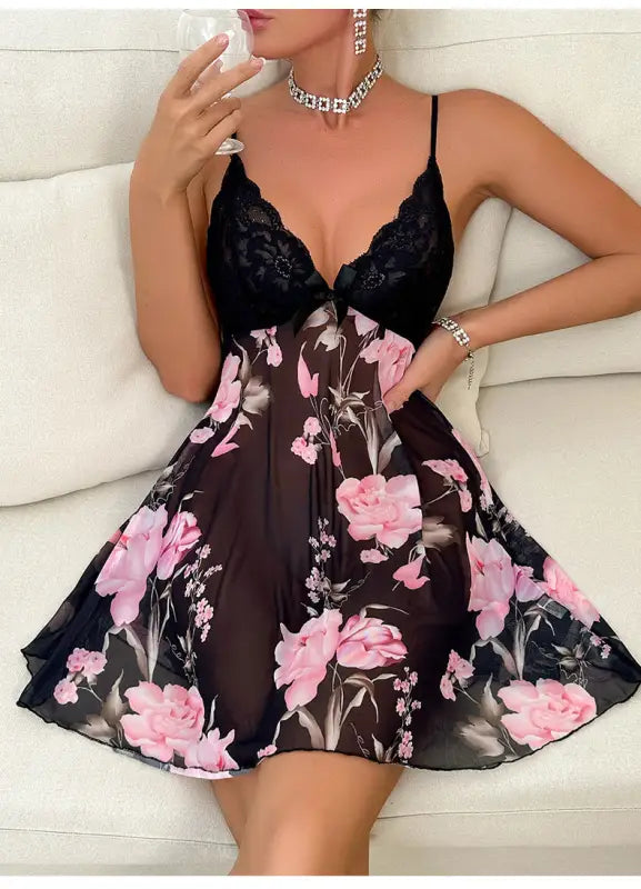 Floral babydoll lingerie dress with black lace top and pink flower print skirt.