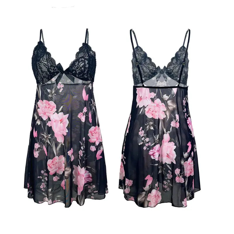 Floral print nightgown with lace trim and spaghetti straps.