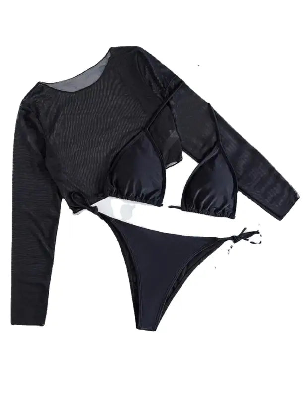 Black long-sleeved crop top and matching bikini bottom swimwear set.