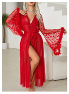 Vibrant red sheer robe with wide bell sleeves and a high slit.