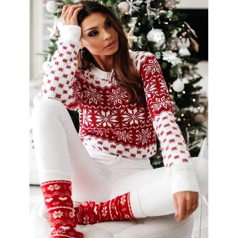 CHRISTMAS SNOWFLAKE LONG SLEEVE BOTTOMING KNITTED SWEATER-VETEMENTS 