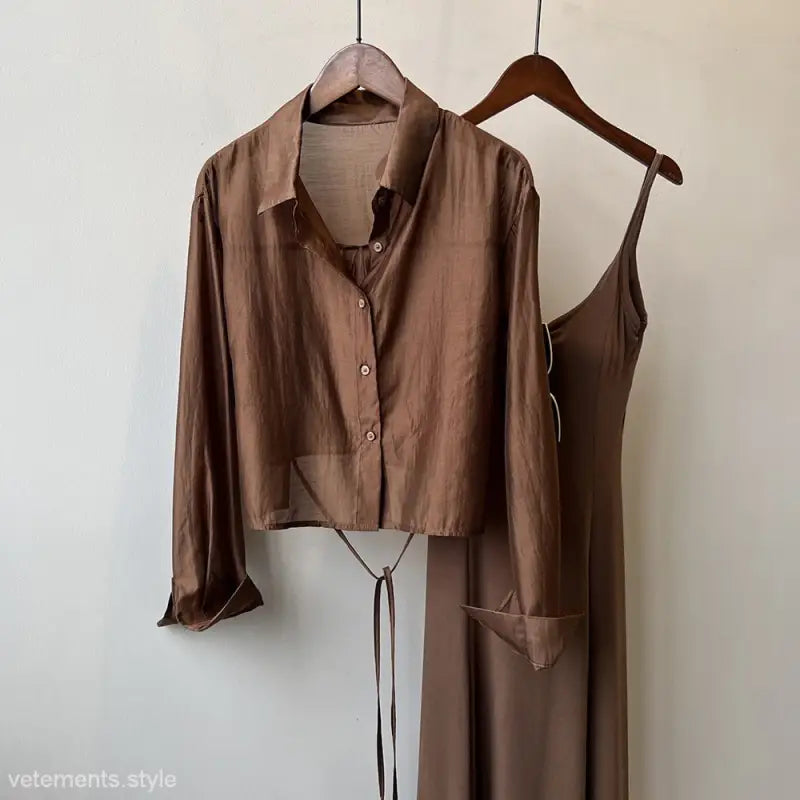 Brown silk slip dress and cropped blouse paired with Comfy Sunrise Cardigan set