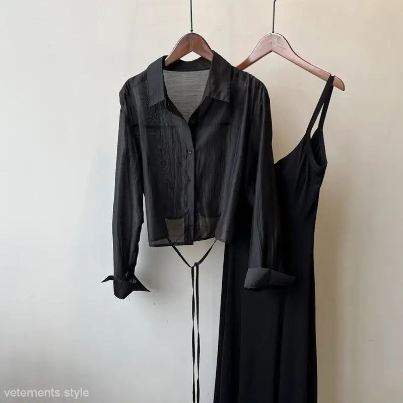 Black cropped button-up jacket and slip dress from the Comfy Sunrise Cardigan set