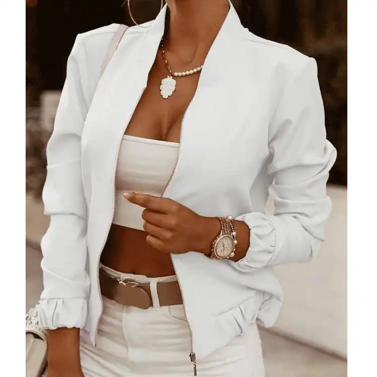 Crisp white blazer with ruched sleeves and an open front design.