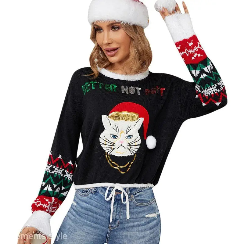 CUTE KITTEN EMBROIDERED CHRISTMAS BLACK SWEATER-VETEMENTS 