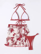 Red and white butterfly-patterned lingerie set consisting of a triangle bikini top, sheer skirt, and thong underwear.