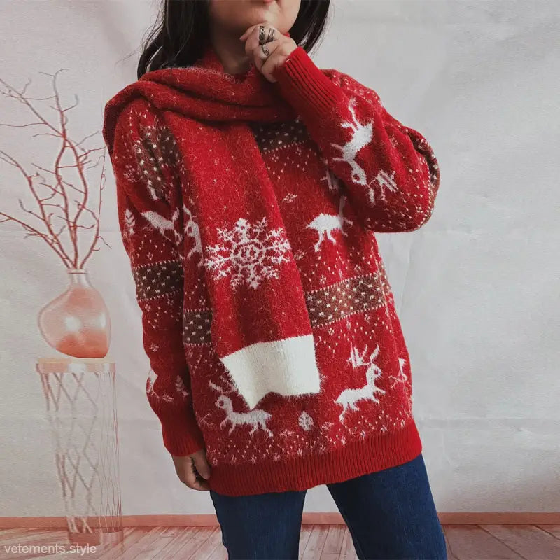 DEER SNOWFLAKE JACQUARD CHRISTMAS SWEATER SCARF TWO PIECE SET-VETEMENTS 