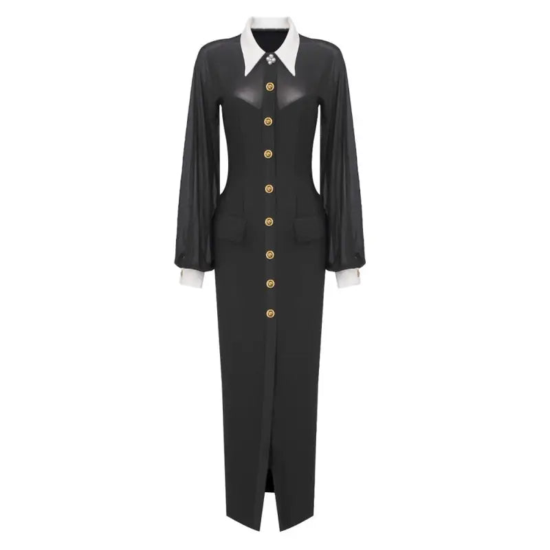 Black long-sleeved Elegant Catwalk Cardigan Dress with gold buttons and split design