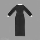 Elegant Catwalk Cardigan Dress with long sleeves, white collar, and cuffs in black