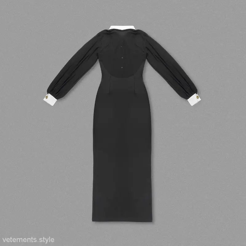 Elegant Catwalk Cardigan Dress with long sleeves, white collar, and cuffs in black