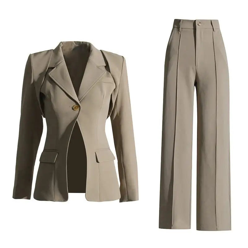 Elegant High Waist Three Piece Suit in beige blazer and pants for sophisticated style