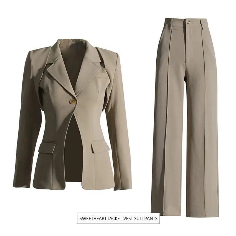 Beige Elegant High Waist Three Piece Suit featuring jacket and pants