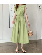 Light green sleeveless midi dress with a cinched waist and flowy skirt.