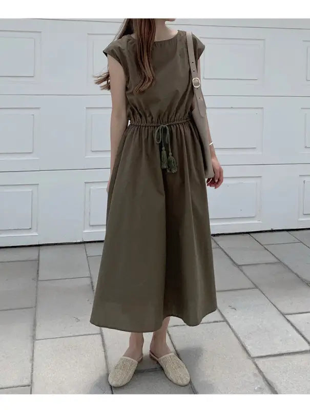 Olive green midi dress with cap sleeves and a drawstring waist.